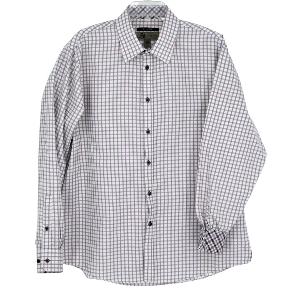 JBI Jhane Barnes Mens XL Slim Fit Purple Gray Check Plaid Flip Cuff Sport Shirt